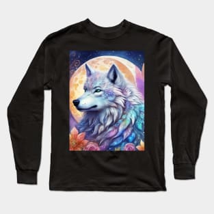 Mystical Wolf with Flowers, Full Moon, Colorful, Beautiful Long Sleeve T-Shirt